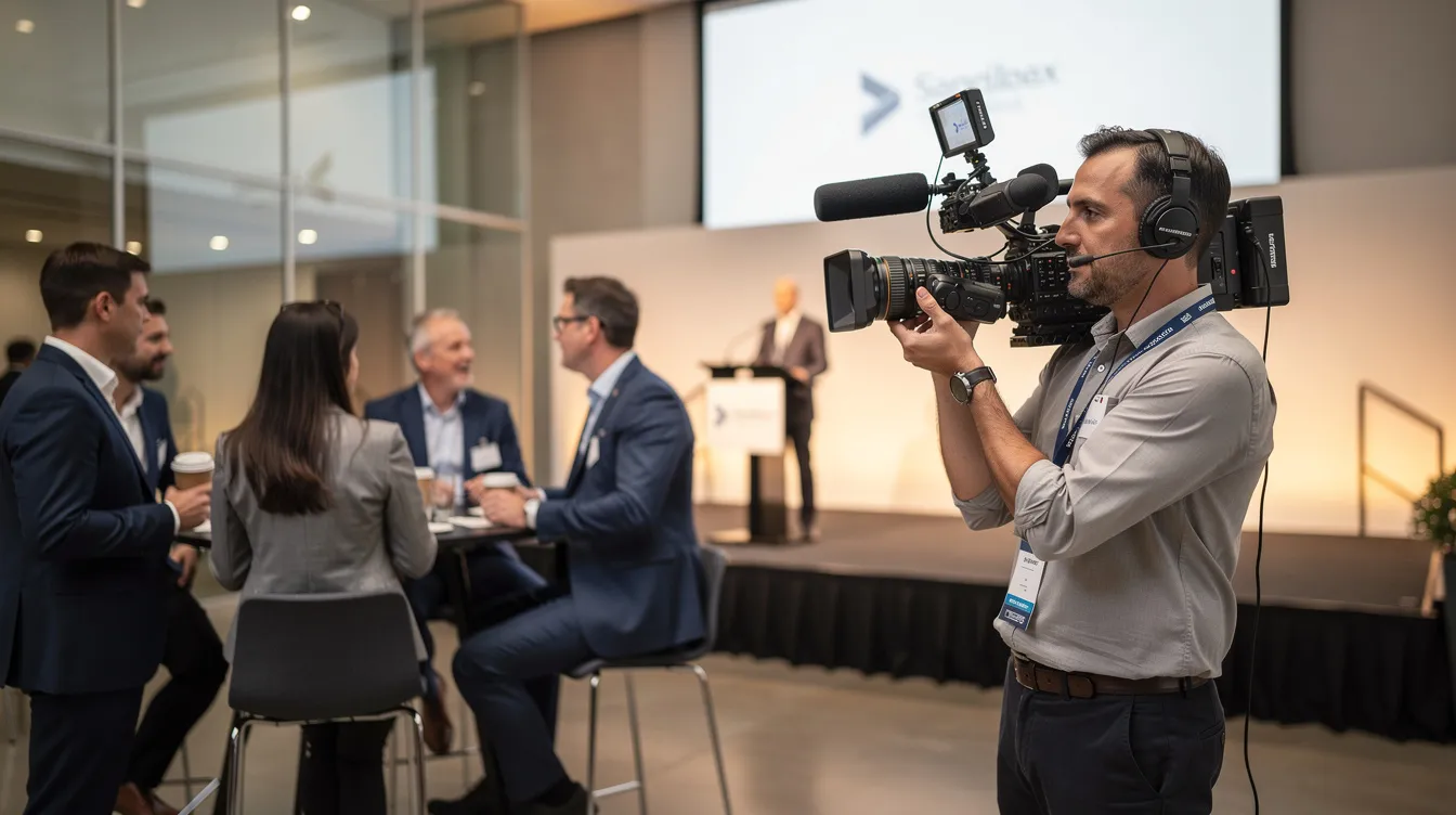 A documentary-style camera operator is capturing footage at a corporate event, focusing on the interactions and atmosphere that highlight the company culture and brand visibility. This video content aims to enhance the marketing strategy by engaging potential customers through social media platforms and other online channels.