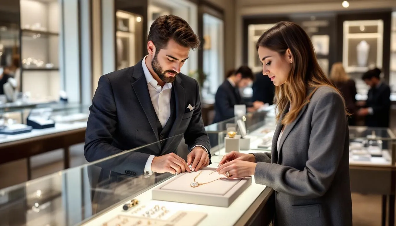 The image depicts a luxurious jewellery shop showcasing a selection of women's jewellery, including elegant chain bracelets and stunning earrings, ideal for enhancing everyday outfits. The inviting atmosphere encourages visitors to discover the perfect gift, whether for a special occasion or as a statement piece to match their style.