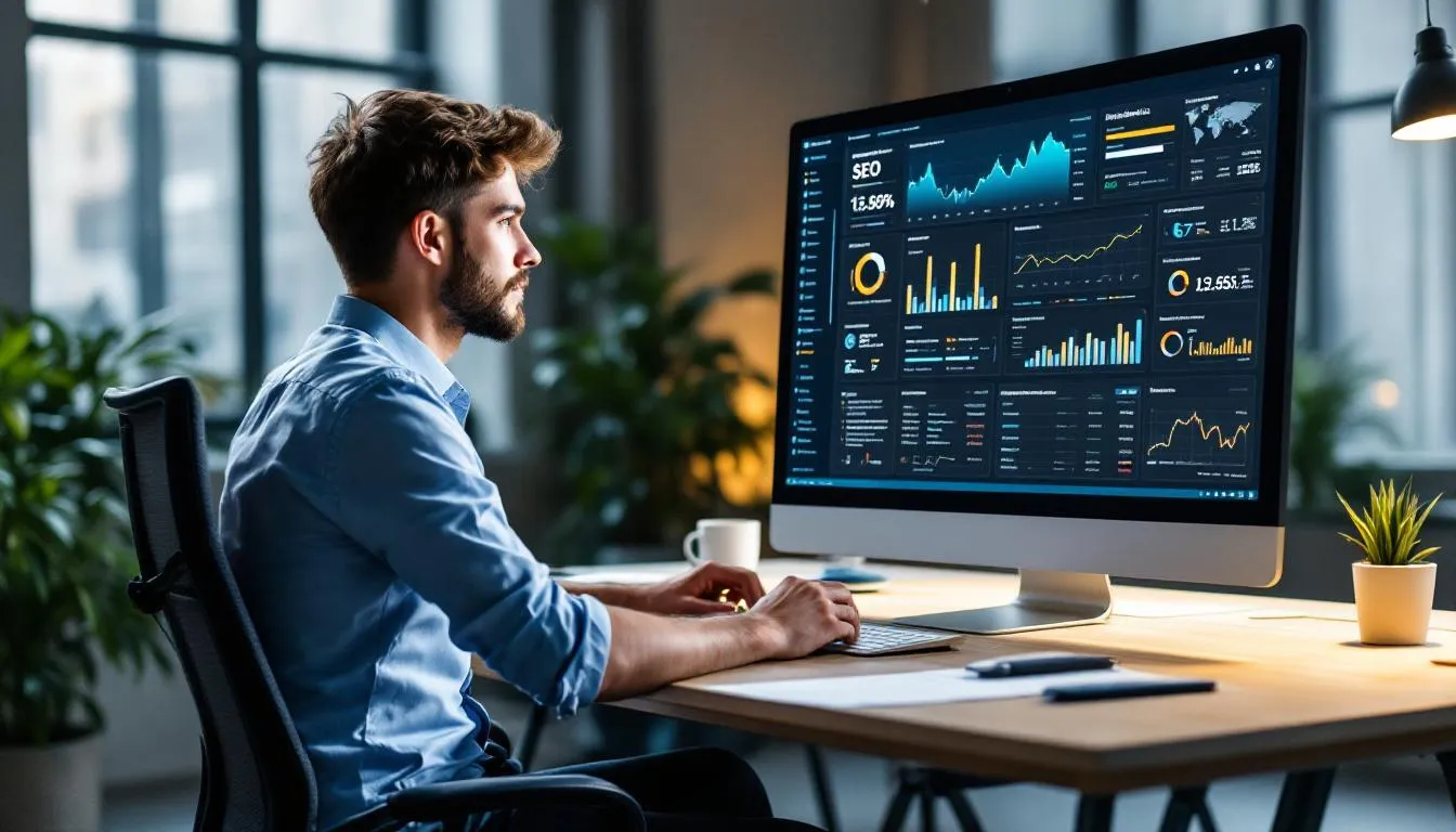 An SEO specialist is focused on technical website optimization, analyzing Australian business data displayed on a computer screen, which includes metrics related to search engine rankings and organic traffic. The image highlights the importance of search engine optimisation strategies in enhancing online visibility and improving the performance of web pages. An SEO specialist is focused on technical website optimization, analyzing Australian business data displayed on a computer screen, which includes metrics related to search engine rankings and organic traffic. The image highlights the importance of search engine optimisation strategies in enhancing online visibility and improving the performance of web pages.