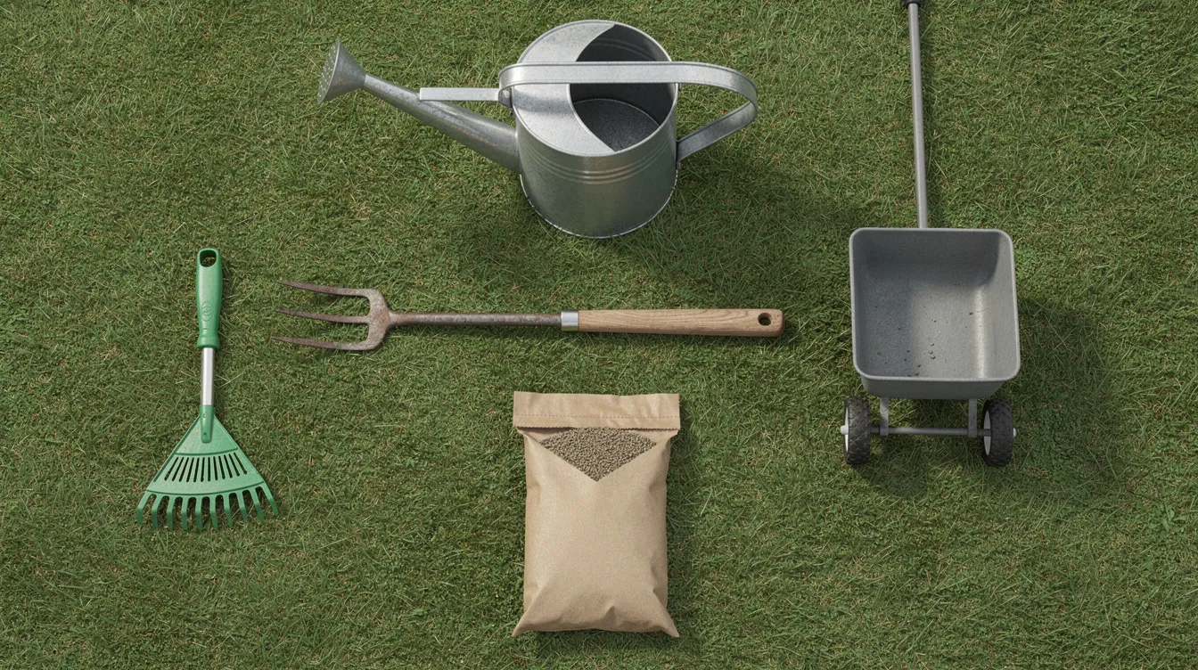 The image showcases a flat-lay arrangement of various UK lawn care tools and products on a lush green grass surface, including a garden fork, hand rake, small spreader, bag of grass seed, and watering can, all organized for effective lawn renovation. This composition highlights essential items for maintaining a healthy lawn, emphasizing the importance of regular maintenance and the use of grass seed for addressing bare patches and improving soil structure.