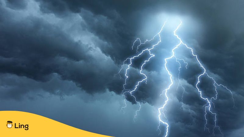 Bright lightning illuminates dark cloudy sky during a thunderstorm