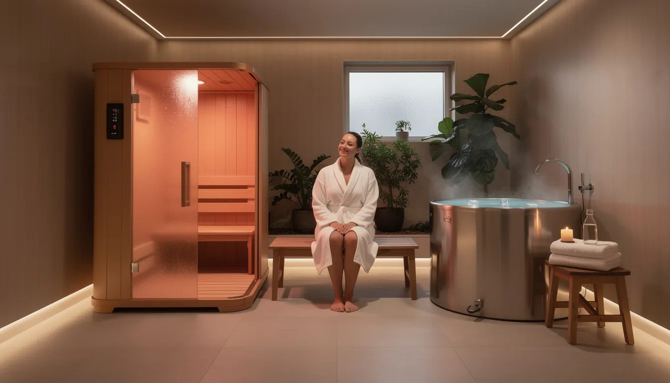An individual is enjoying a peaceful moment in a home spa setup, featuring a portable sauna and a cold plunge tub, ideal for sauna therapy and stress relief. The scene conveys a sense of relaxation and wellness, highlighting the benefits of heat therapy for muscle recovery and improved cardiovascular health.