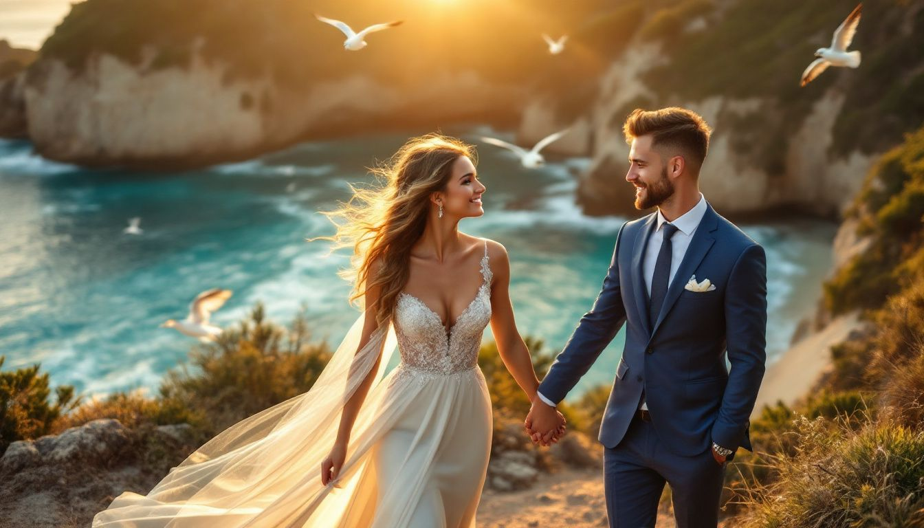 Couple dressed appropriately for an engagement shoot at a scenic location.