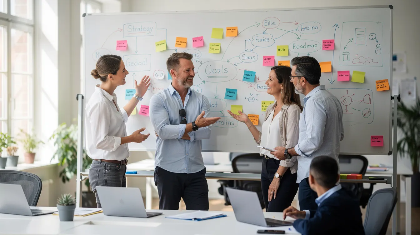 A diverse team of employees collaborates around a whiteboard in a bright, modern office, showcasing sticky notes and diagrams that reflect their positive workplace culture. This engaging environment highlights the importance of teamwork and inclusion in fostering employee satisfaction and driving organizational success.