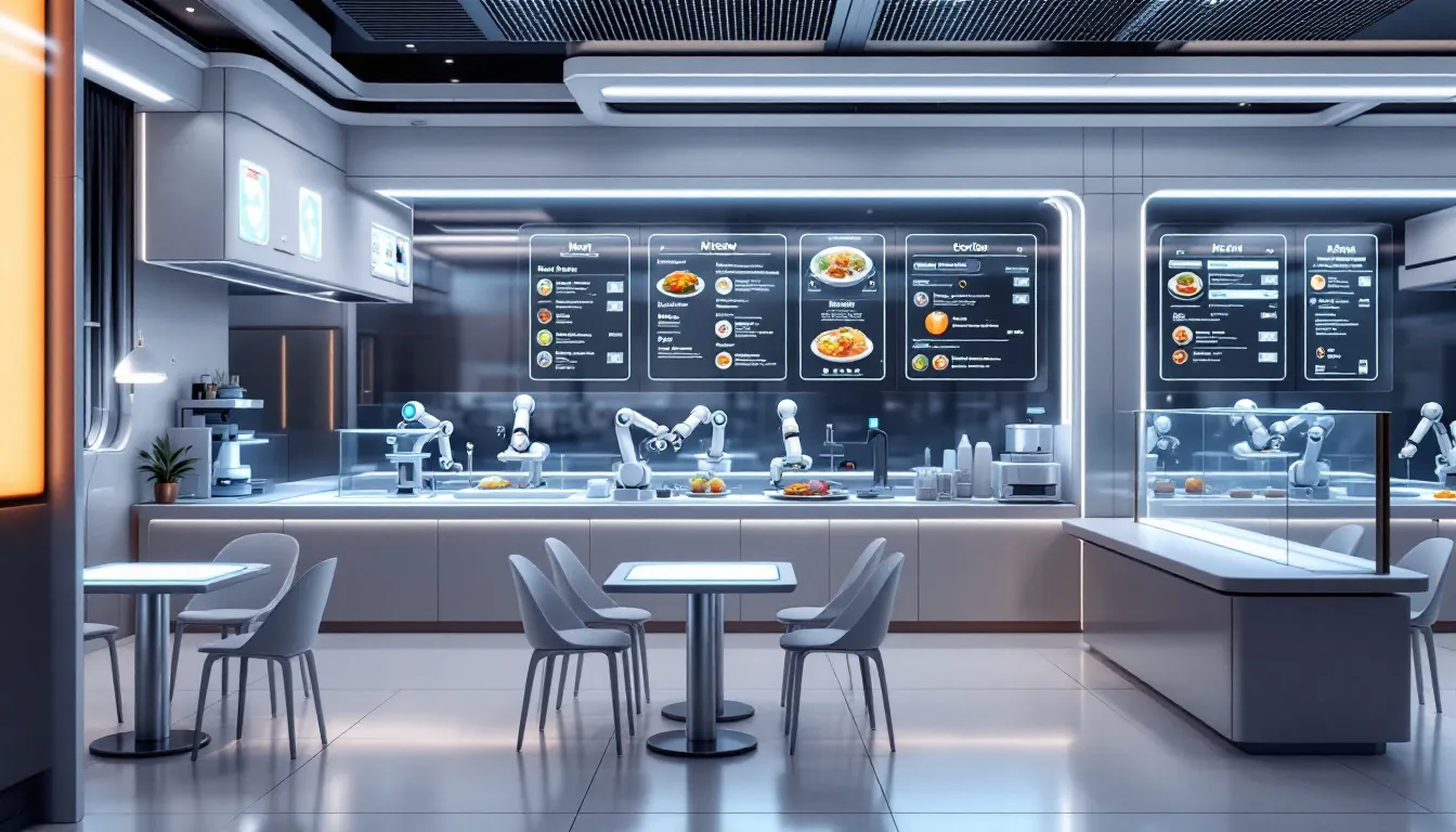 The image depicts a futuristic restaurant environment where AI-driven inventory management systems are in use, showcasing real-time inventory tracking and predictive analytics to minimize food waste and optimize operational efficiency. Restaurant operators are seen utilizing AI tools to forecast demand, manage inventory levels, and enhance the customer experience, ultimately leading to cost savings and improved restaurant management.
