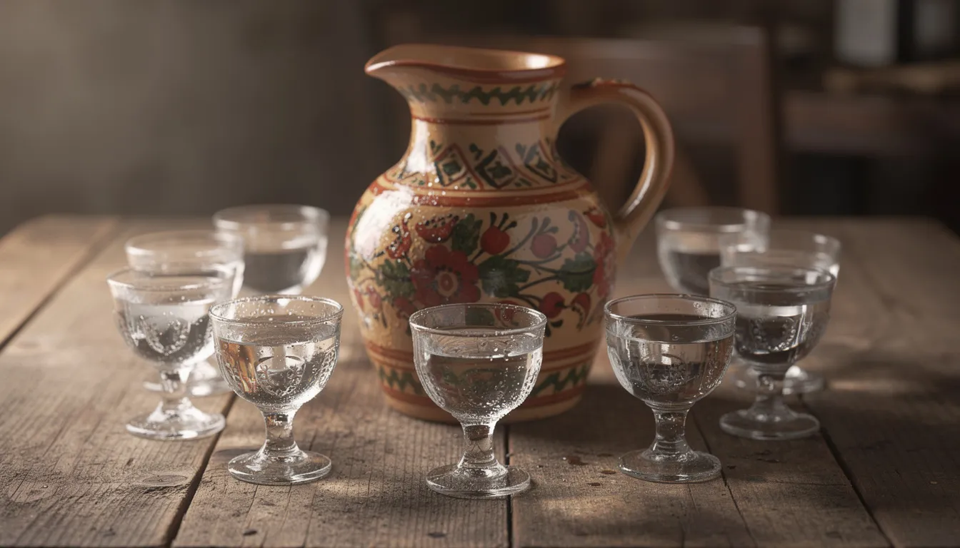 The image features a traditional ceramic pitcher, beautifully crafted, placed among several glasses filled with clear rakia, a popular Bulgarian spirit. This setting evokes a sense of Bulgarian cuisine, often enjoyed with dishes like shopska salad and stuffed peppers, creating a warm and inviting atmosphere.