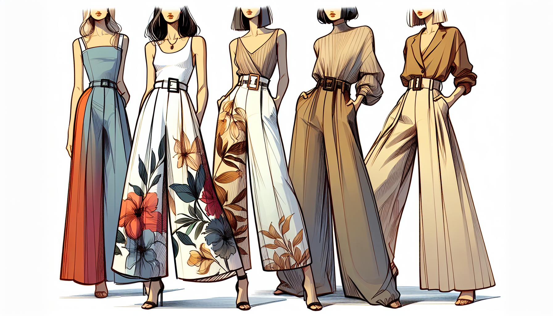 Illustration of different styles of wide leg pants