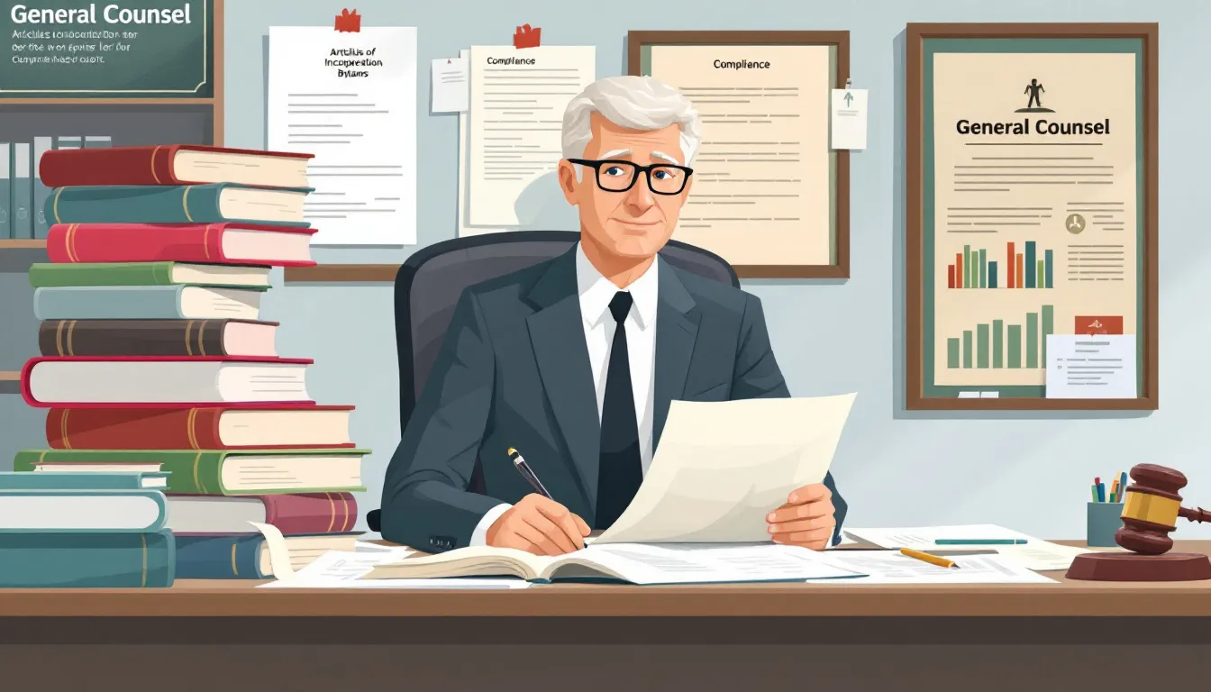 An illustration depicting the role of general counsel for nonprofits, showcasing legal documents and nonprofit organizations.