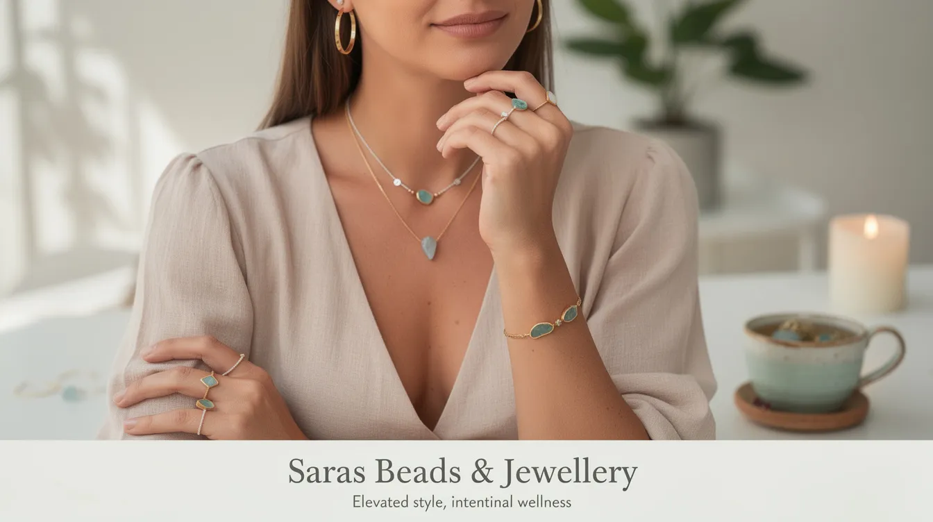 This image showcases a collection of handmade jewellery from Saras Beads & Jewellery, featuring elegant, Mediterranean-inspired designs that reflect quality craftsmanship. The pieces are hypoallergenic and embody a sense of wellness, making them a great addition to your self-care routine and perfect for those seeking style and intention in their everyday wear.