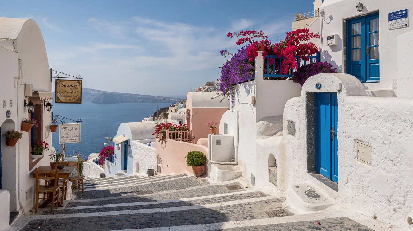 As ruas de Santorini, na Grécia, são estreitas e pavimentadas com pedras, cercadas por casas brancas com telhados azuis, criando uma atmosfera encantadora e típica das ilhas gregas. O cenário é complementado por vistas deslumbrantes do mar Egeu, tornando-se um destino imperdível para quem busca uma experiência única em suas viagens.