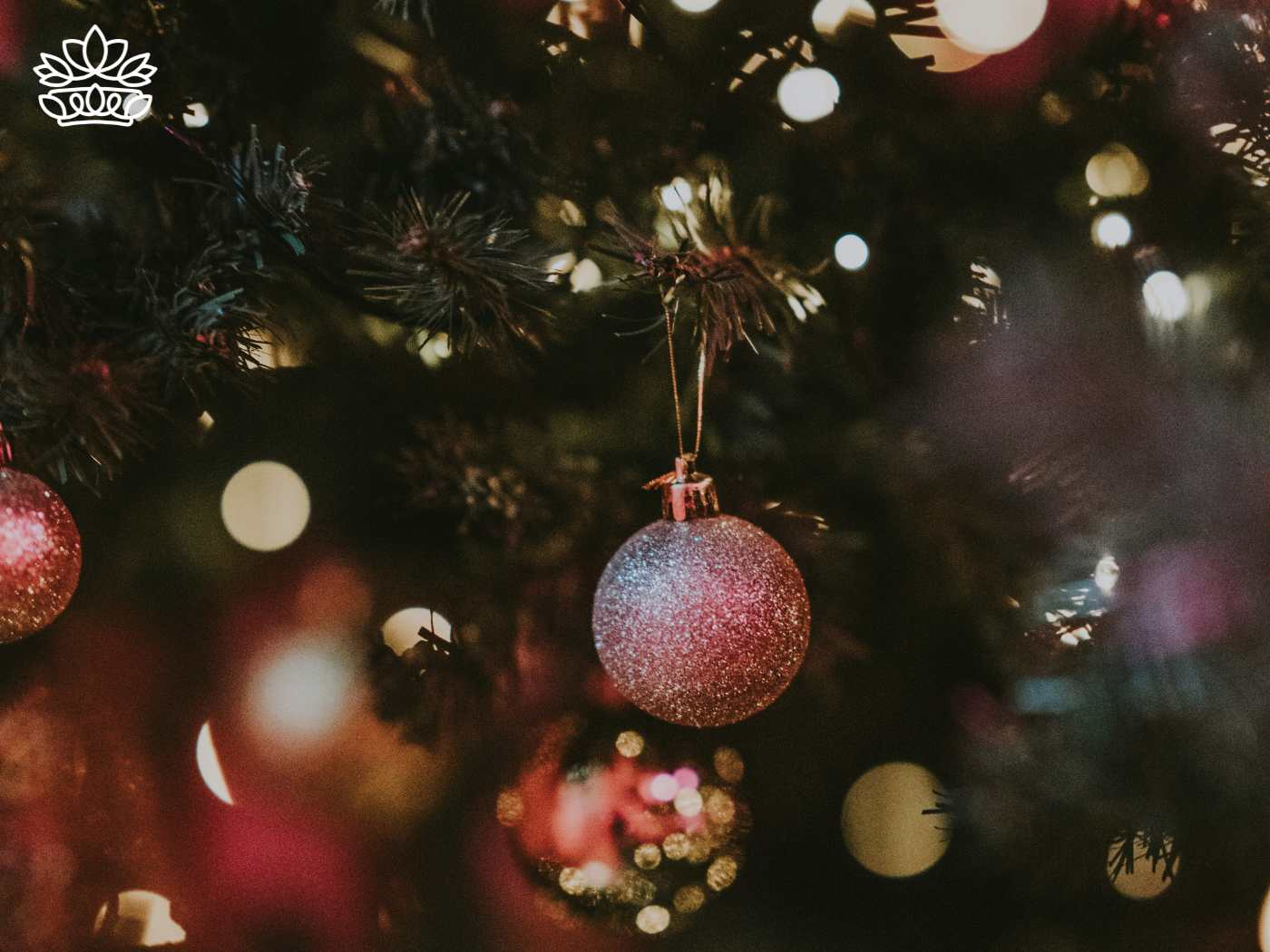 Close-up of a shimmering red bauble hanging on a festive Christmas tree, surrounded by twinkling lights, a part of the Christmas Collection at Fabulous Flowers and Gifts.