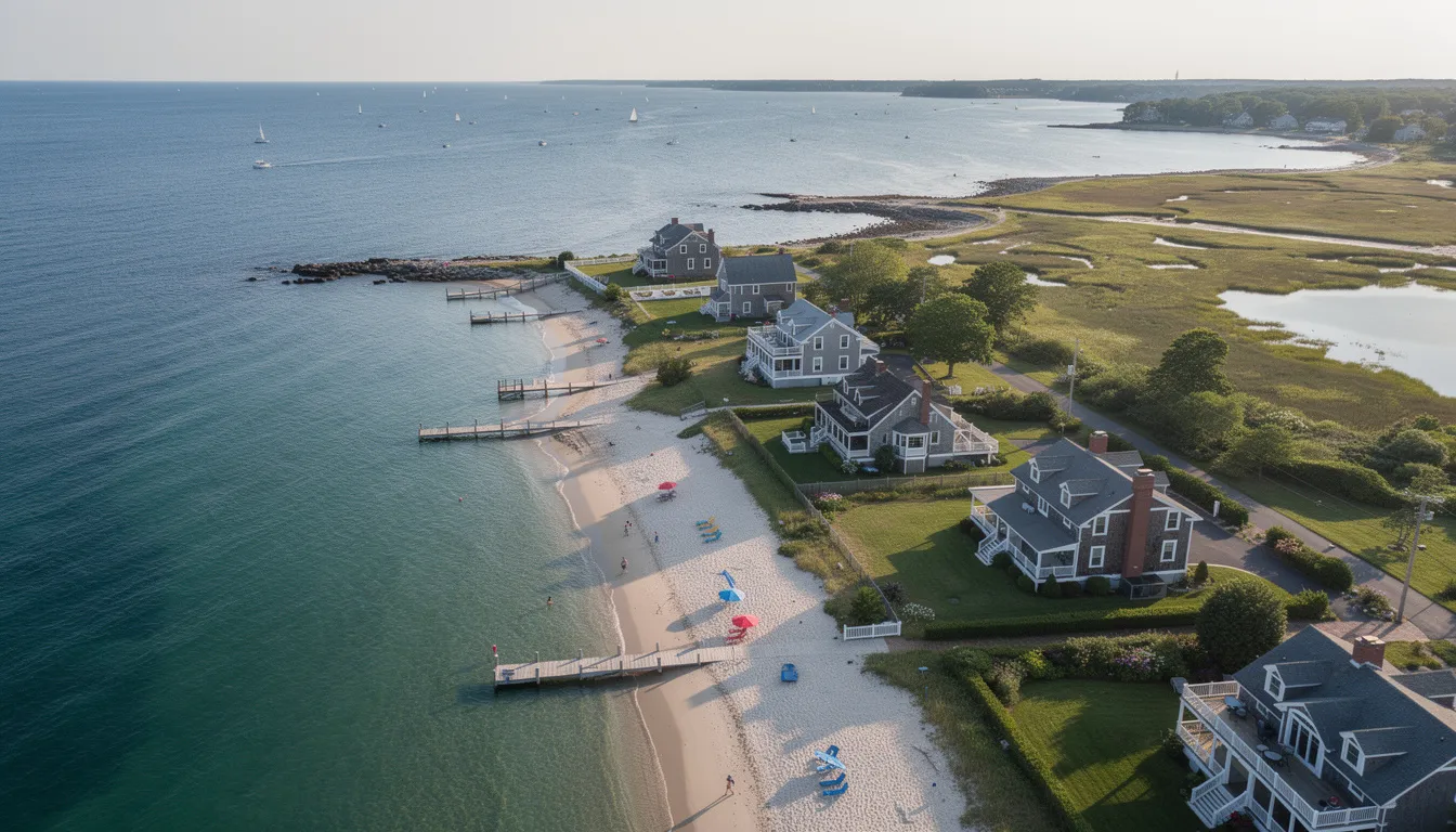 An aerial view captures the picturesque Connecticut shoreline, showcasing coastal homes nestled along sandy beaches beside Long Island Sound. This vibrant scene reflects the strong demand in the local housing market, where homes are selling quickly, often leading to bidding wars among buyers.