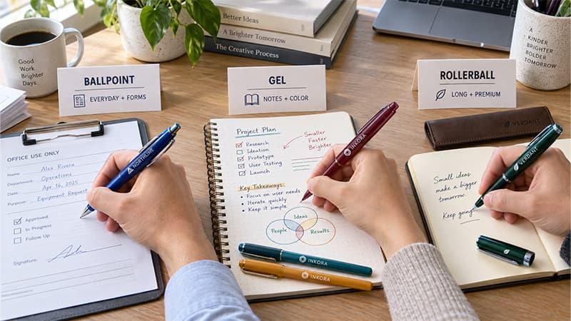 Ballpoint, gel, and rollerball pens shown in their best uses: completing office forms, creating color-coded notes, and professional long-form writing.