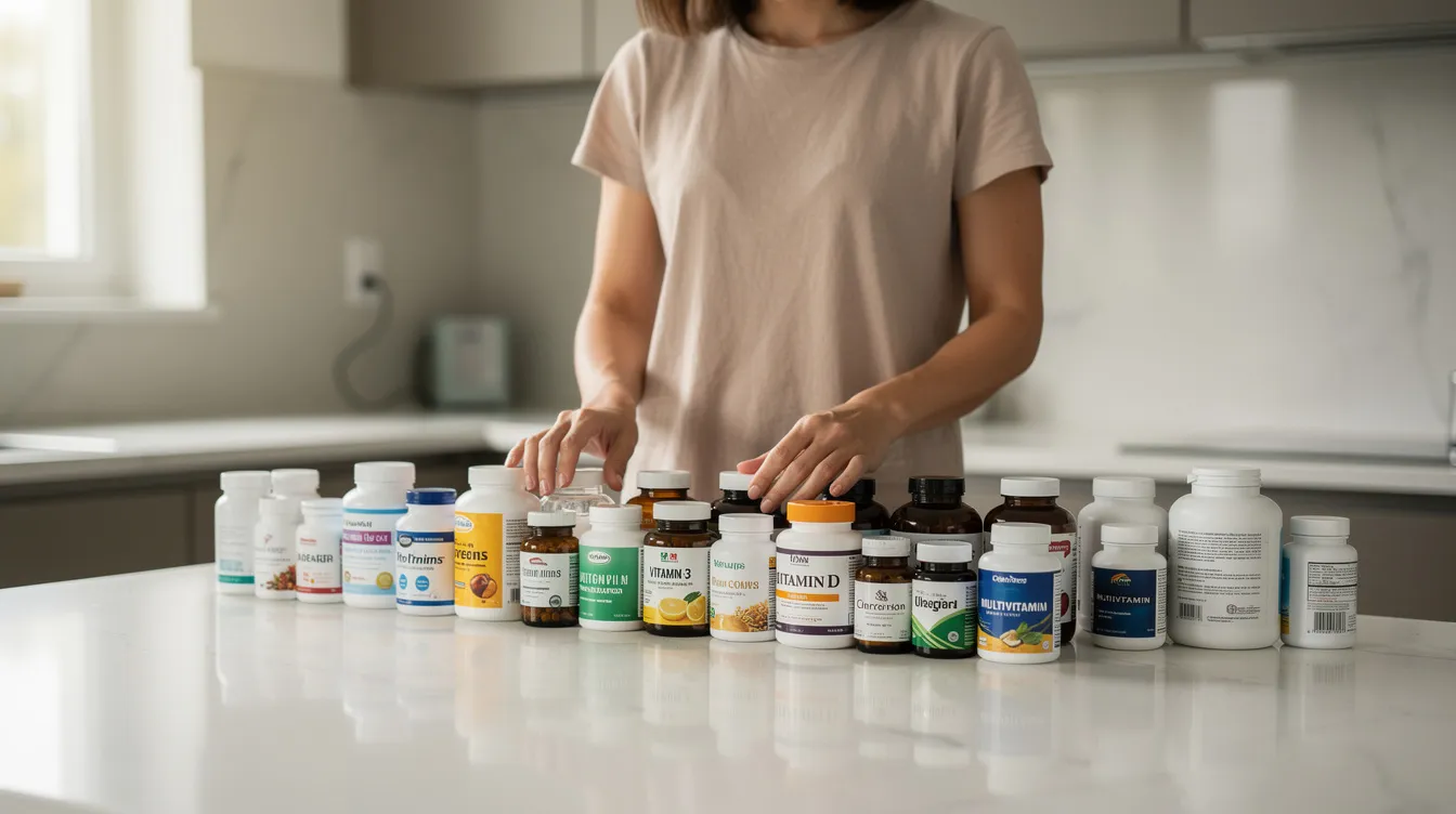 A person is organizing various supplement bottles on a kitchen counter, including those labeled as liposomal NMN and sublingual formulations. The scene highlights the importance of NMN supplementation for cellular energy production and overall health benefits.