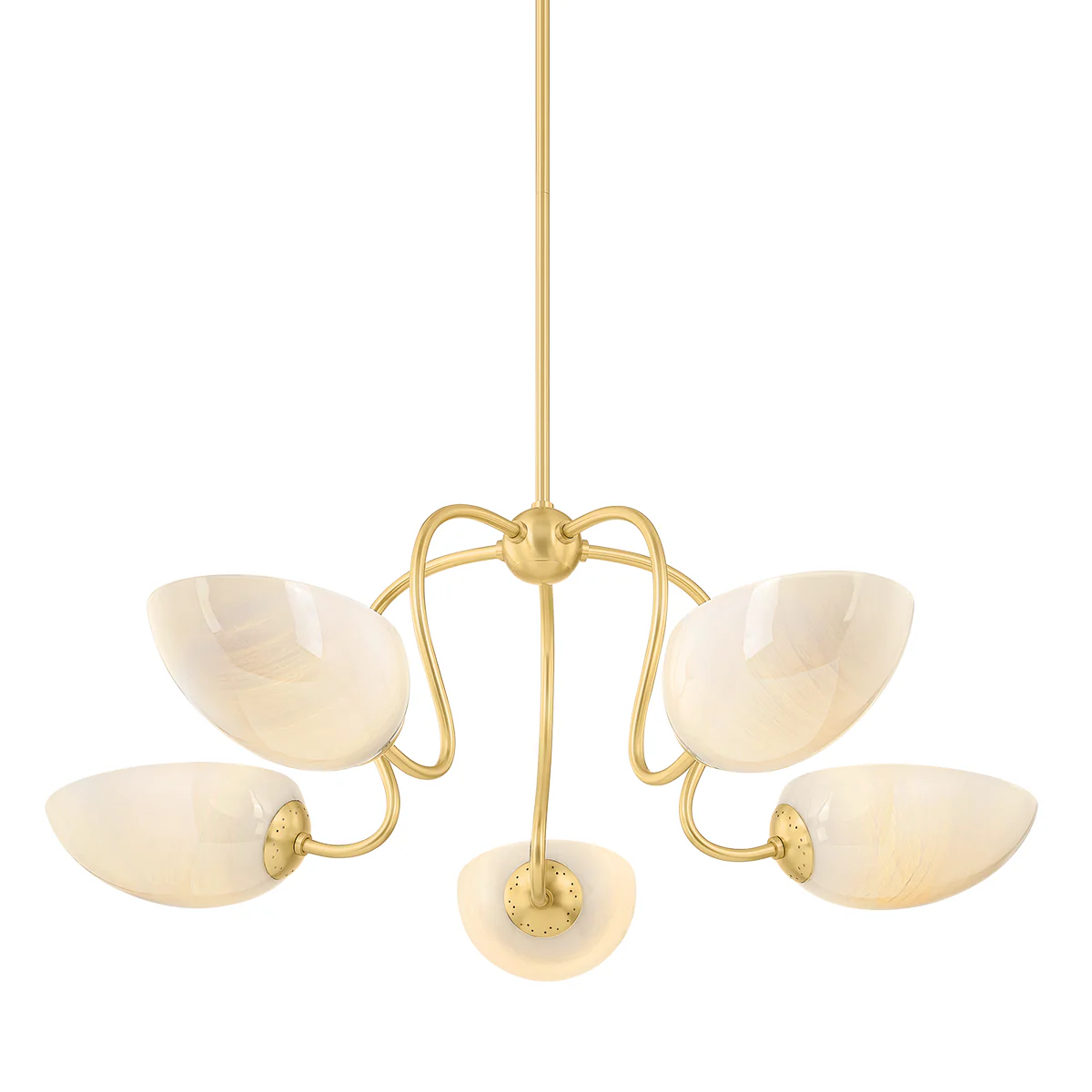 Reva Chandelier by Mitzi with aged brass finish and curved botanical arms supporting cloud glass shades in a sculptural five-light design.