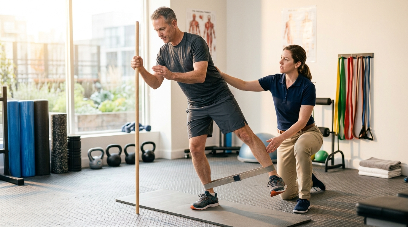 Physical therapist assisting a male patient with a lateral band walk exercise for hip strength and stability in a clinic setting