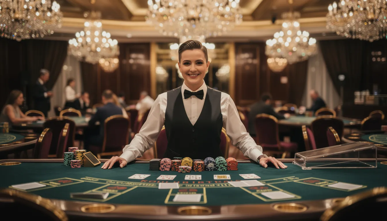 En professionell live casino-dealer står vid ett elegant bord med kort och chips, omgiven av mjuk belysning som skapar en inbjudande atmosfär. Bordet är förberett för spel som roulette, vilket ger en känsla av spänning och elegans i detta online casino.
