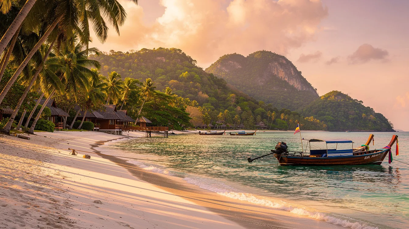 A imagem retrata uma vista deslumbrante de Koh Samui, na Tailândia, com suas praias de areia branca e águas cristalinas do Golfo da Tailândia. Ao fundo, destaca-se a famosa estátua do Big Buddha, um dos principais pontos turísticos da ilha, cercada por um ambiente tropical exuberante.
