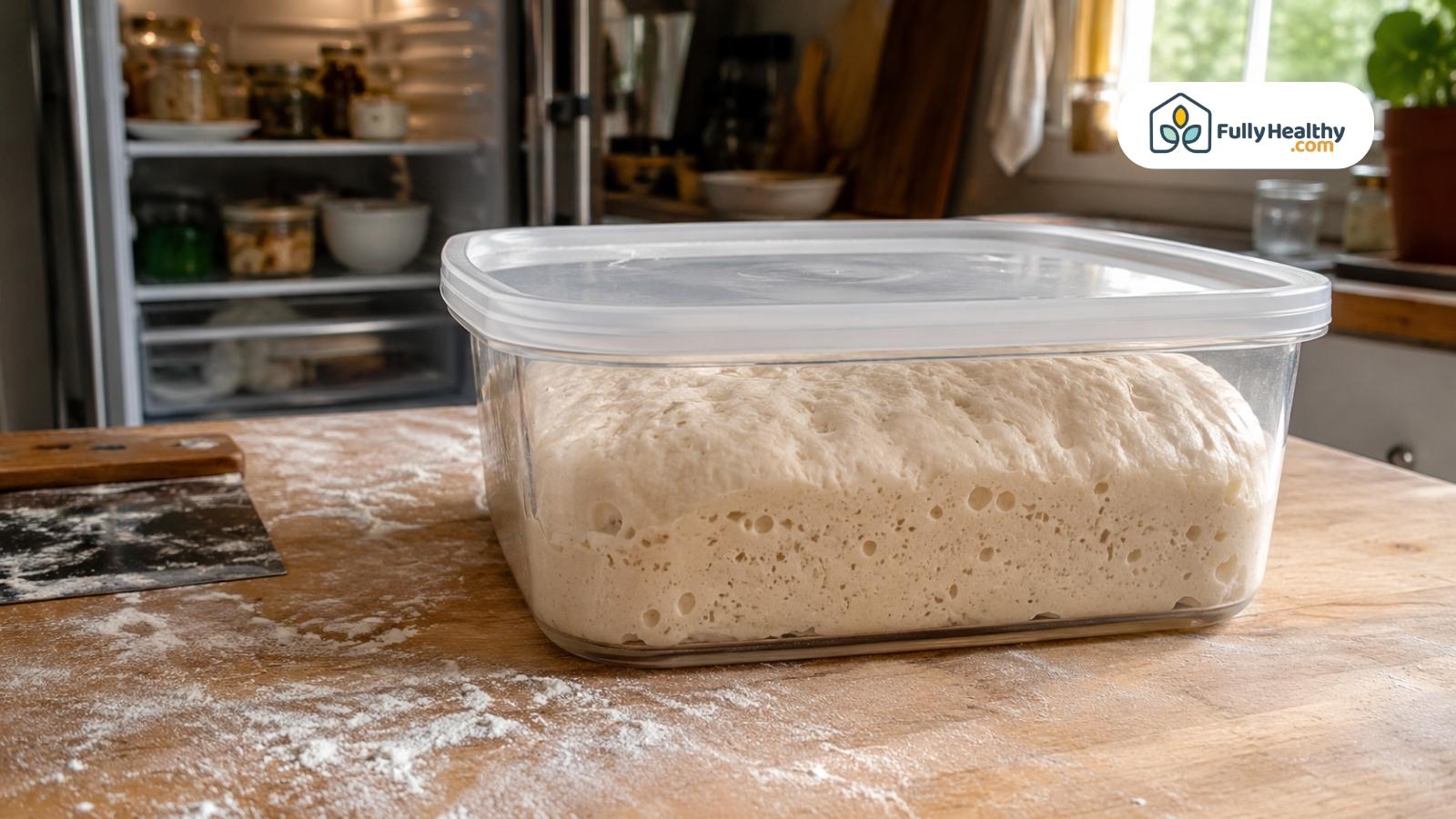 Refrigerated pizza dough resting in a covered container on floured countertop