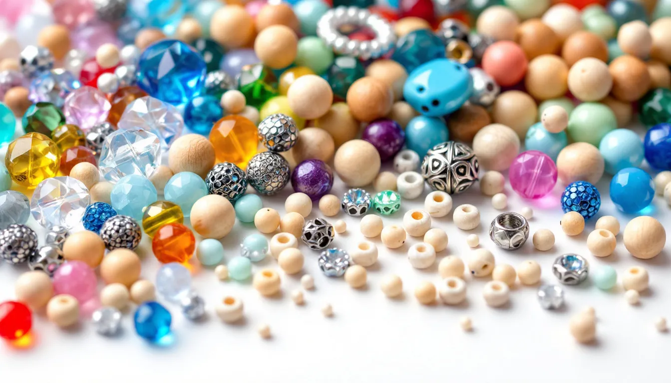 In this image, various types of jewelry making beads are displayed, including crystal beads, pearl beads, and wooden beads, showcasing a vibrant range of colors and shapes. The assortment of quality beads is perfect for jewellery makers looking for excellent materials to create unique necklaces and bracelets.