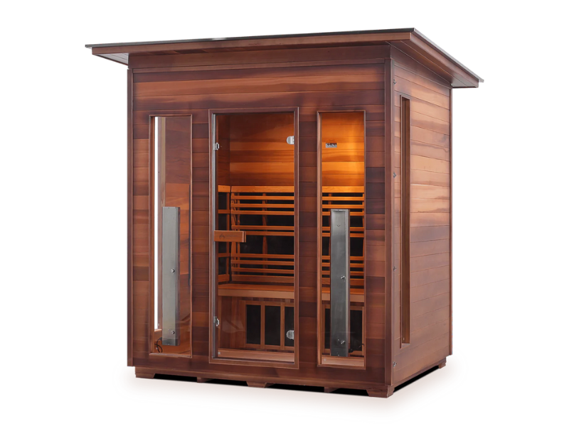 Picture demonstrating the unique characteristics of the Enlighten Full Spectrum Infrared Sauna RUSTIC, one of the top infrared saunas.