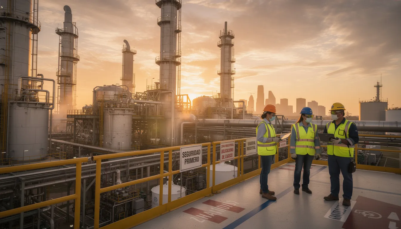 The image shows an industrial refinery at sunset in Houston, where workers are wearing safety helmets, emphasizing the importance of safety in the workplace. This scene reflects the reality of labor conditions and the potential for workplace injuries, highlighting the need for legal support from an abogado de lesiones in case of accidents.