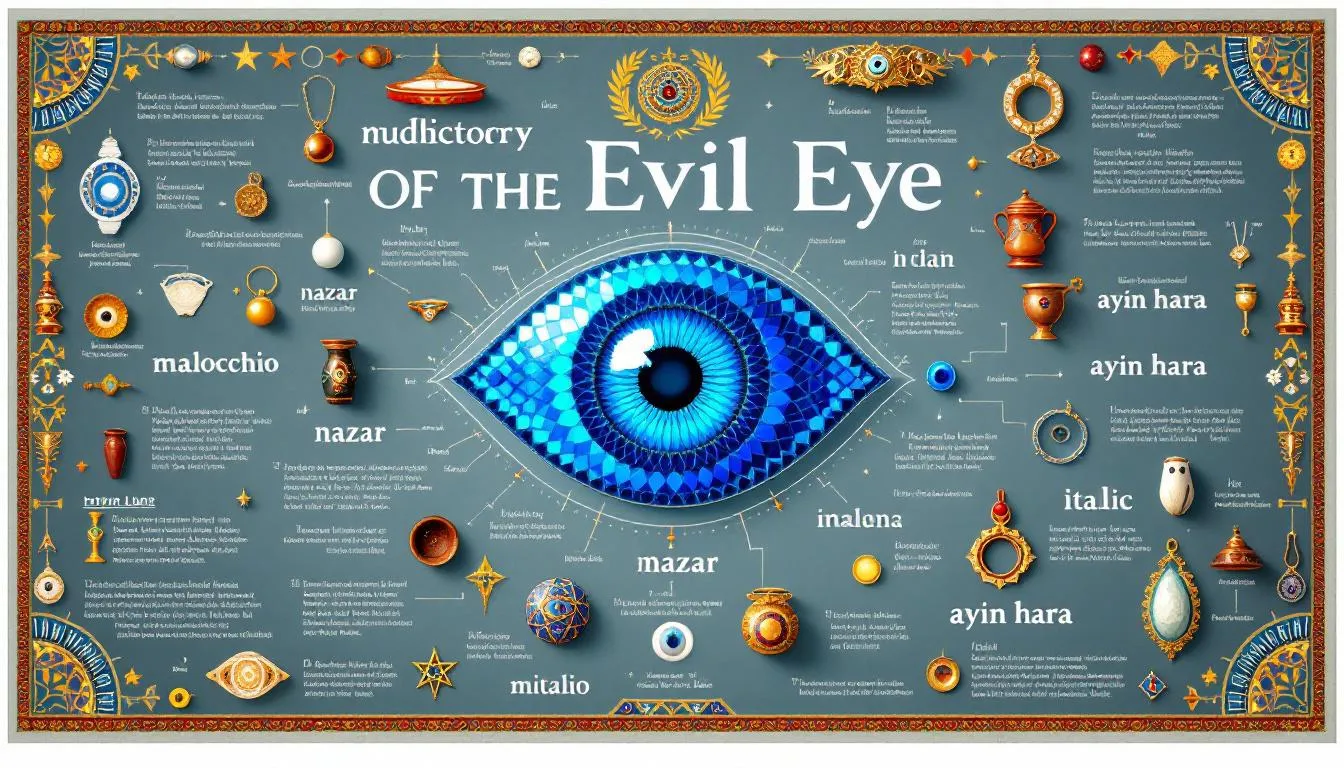 The image depicts a collection of evil eye necklaces and pendants, showcasing various designs and colors that symbolize protection against negative energy and evil spirits. Each piece features the iconic eye motif, making them unique gifts that are believed to ward off bad luck for the wearer.