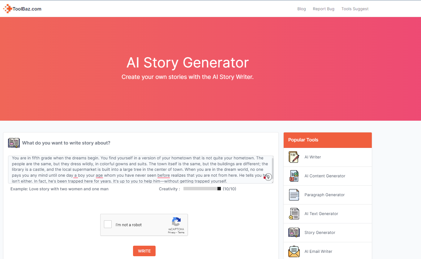 Main page of ToolBaz, with multiple story generator tools that are readily available for use.