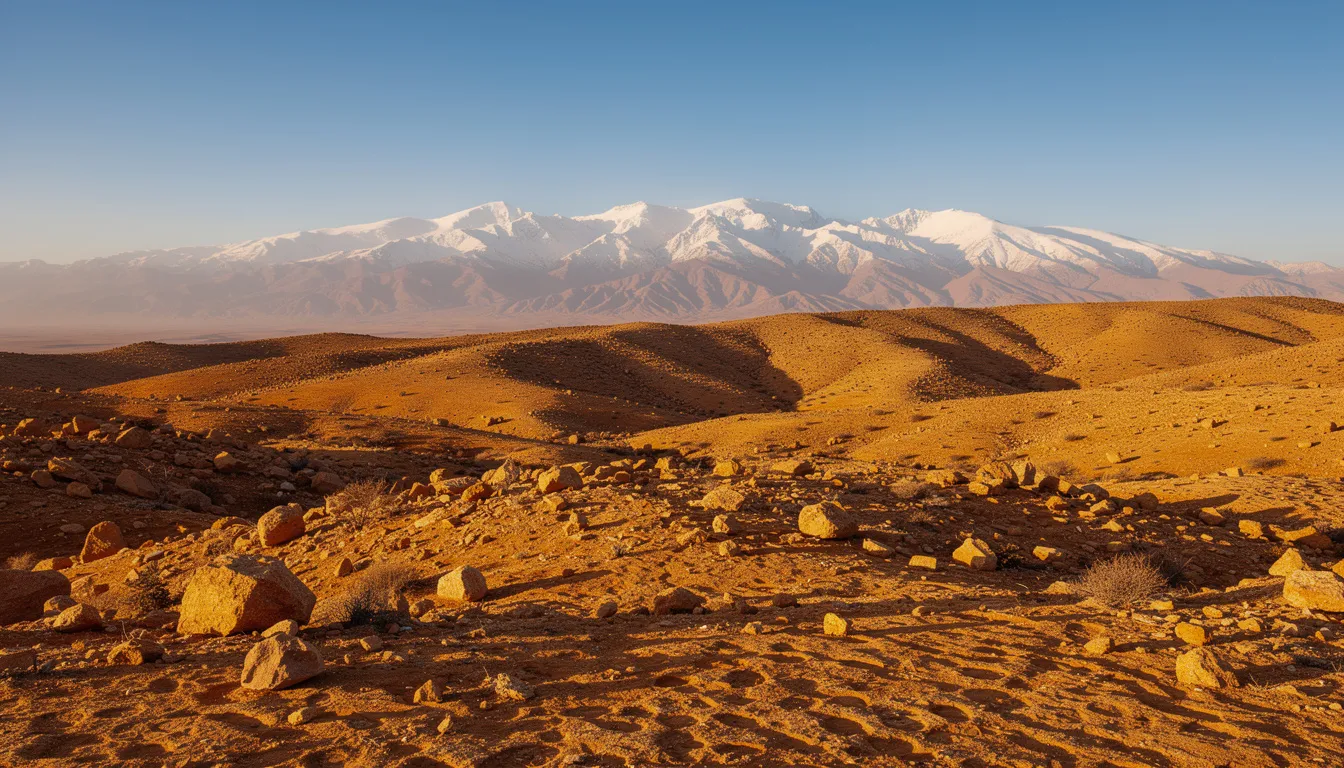 A wide panoramic view of the Agafay Desert showcases its rocky golden plateau, with the snow-capped Atlas Mountains majestically rising in the background under a clear blue sky, creating a stunning lunar-like landscape perfect for unforgettable memories and photo ops. This serene desert environment invites visitors to enjoy camel rides and relax at luxury camps while immersing themselves in the natural beauty of Morocco.