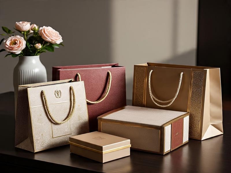 A picture of luxury shopping bags and boxes arranged on a dark table, in gold and burgundy, with rope handles and elegant patterns, and a vase of soft pink roses in the background.