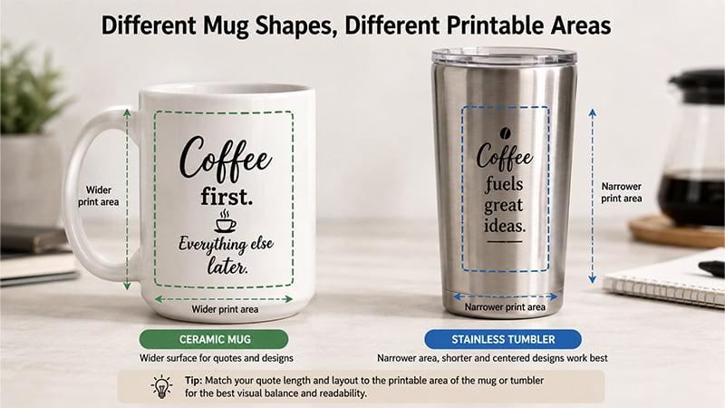 Ceramic mug and stainless steel tumbler showing different printable areas for coffee quotes