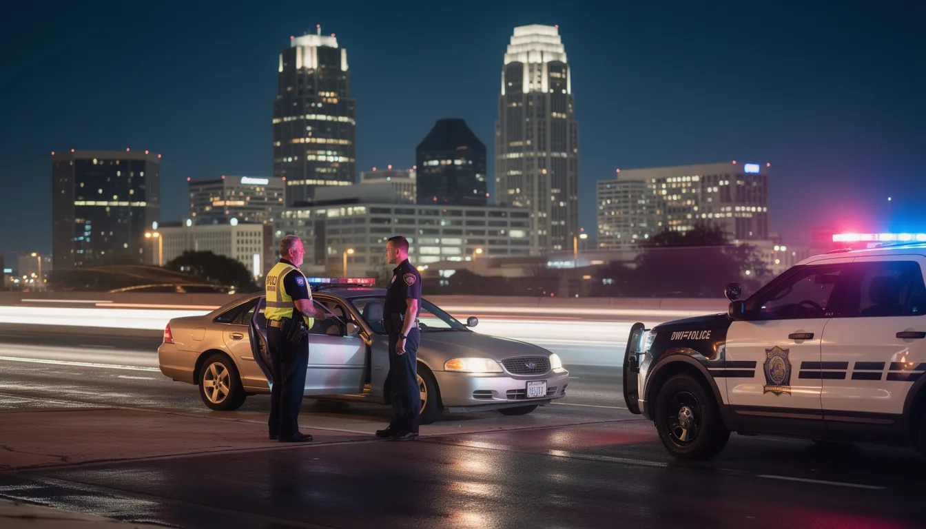 The image depicts a DWI arrest in progress, with a police officer attending to a driver suspected of impaired driving, while the Houston skyline looms in the background. The scene highlights the risks associated with alcohol and drugs, emphasizing the importance of safety and law enforcement in the city.