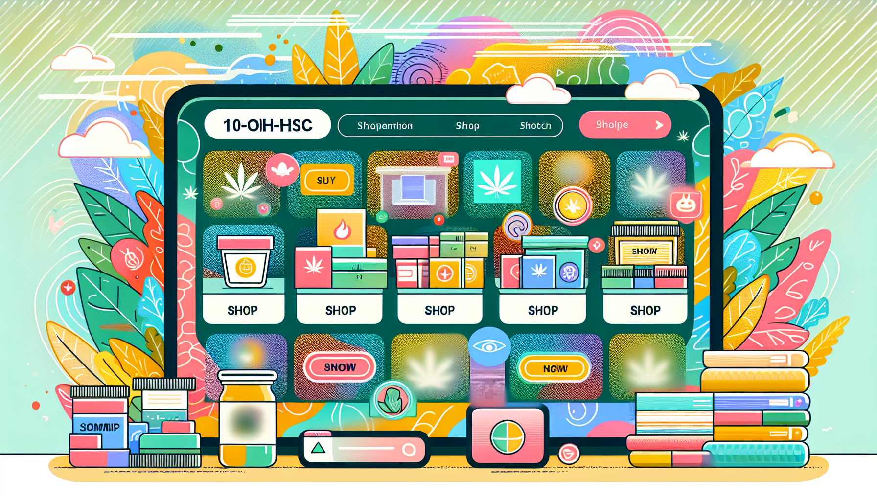 An illustration of an online store offering 10-oh-HHC hash products.