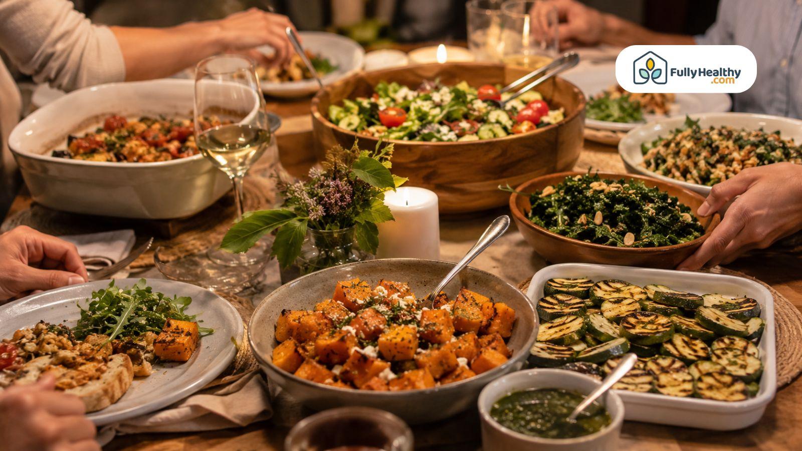 Healthy dinner table featuring roasted squash salads and grilled zucchini dishes