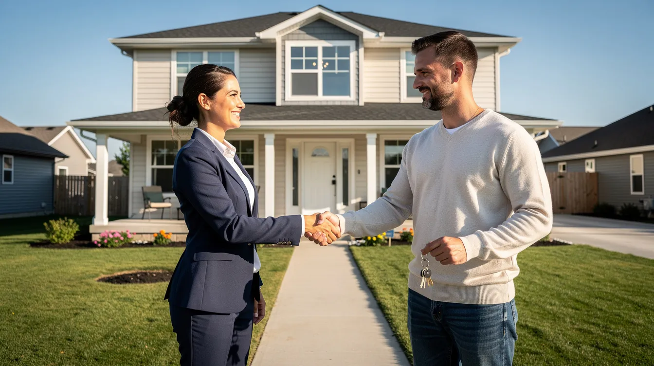 Best South Carolina Home Buyers The image depicts two people shaking hands in front of a house, symbolizing a successful real estate transaction. This moment represents cash home buyers finalizing a deal, potentially involving a fair cash offer for the property.