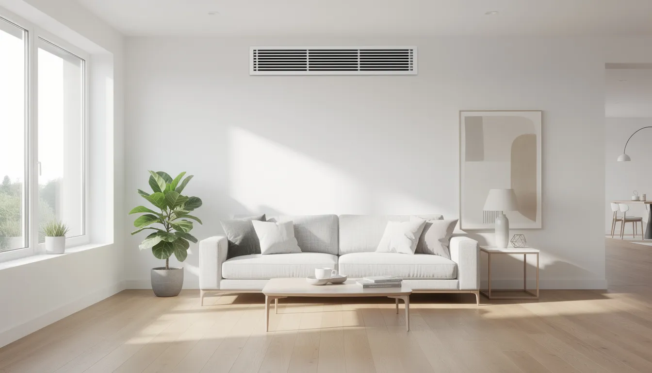 The image showcases a modern home interior featuring an HVAC vent, emphasizing a clean and bright atmosphere that promotes indoor air quality. This inviting space suggests the use of advanced air purification systems designed to reduce airborne contaminants and allergens, ensuring a fresh and healthy environment for family members.
