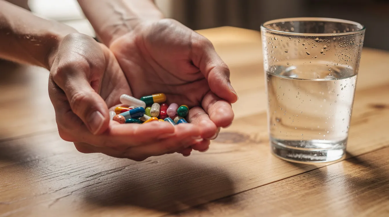 A close-up image shows a person's hands holding supplement capsules, with a glass of water placed on a wooden table, suggesting a focus on joint health and dietary supplements for relieving joint pain. The scene emphasizes the importance of joint support supplements in maintaining healthy joints and managing arthritis symptoms.