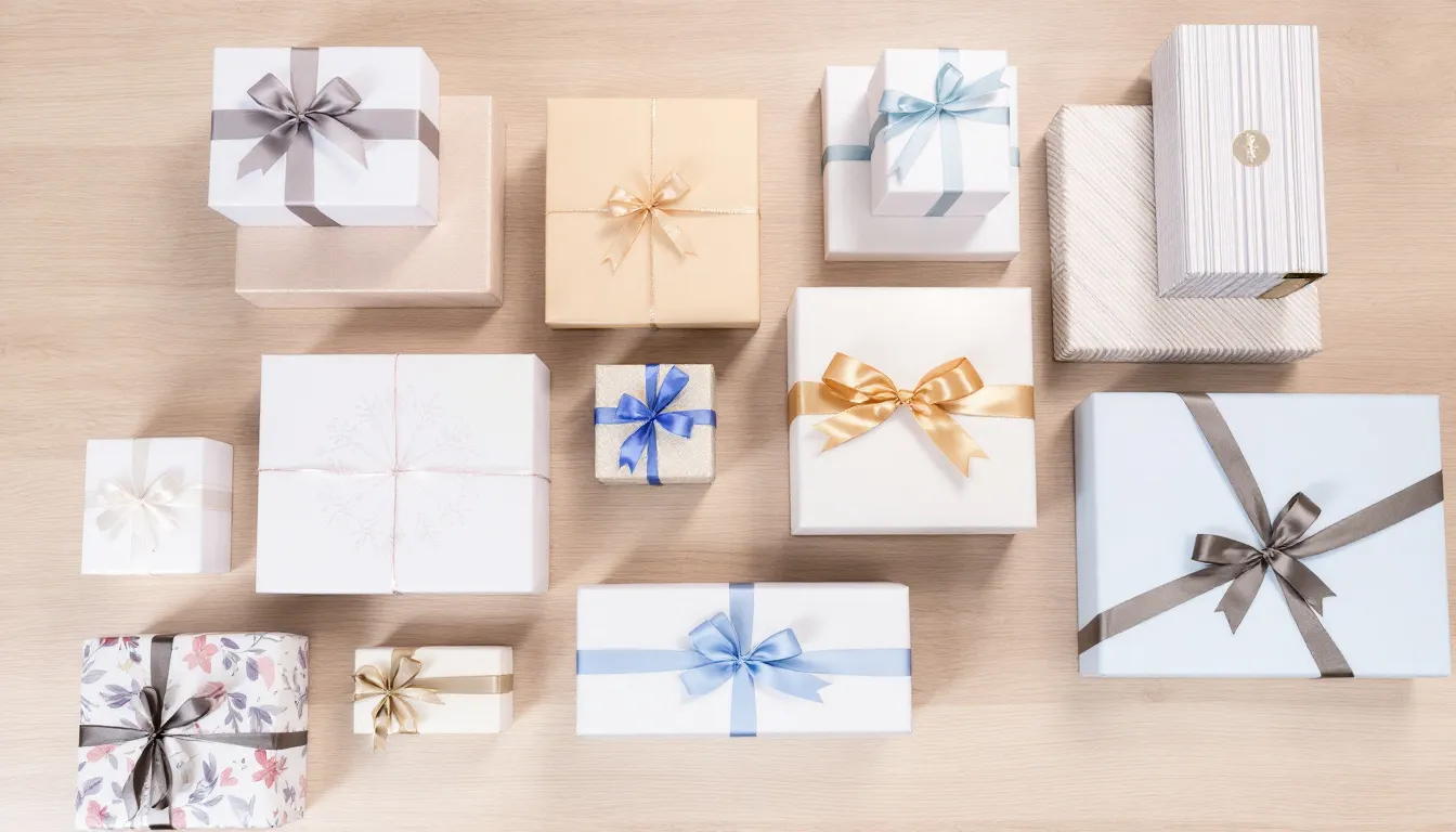 En bild av ett bord fullt av olika presenter i varierande prisklasser, arrangerade för att visa ett brett utbud av perfekta gåvor. Presenterna inkluderar både personliga och unika alternativ, vilket ger inspiration för att hitta den bästa presenten oavsett tillfälle.