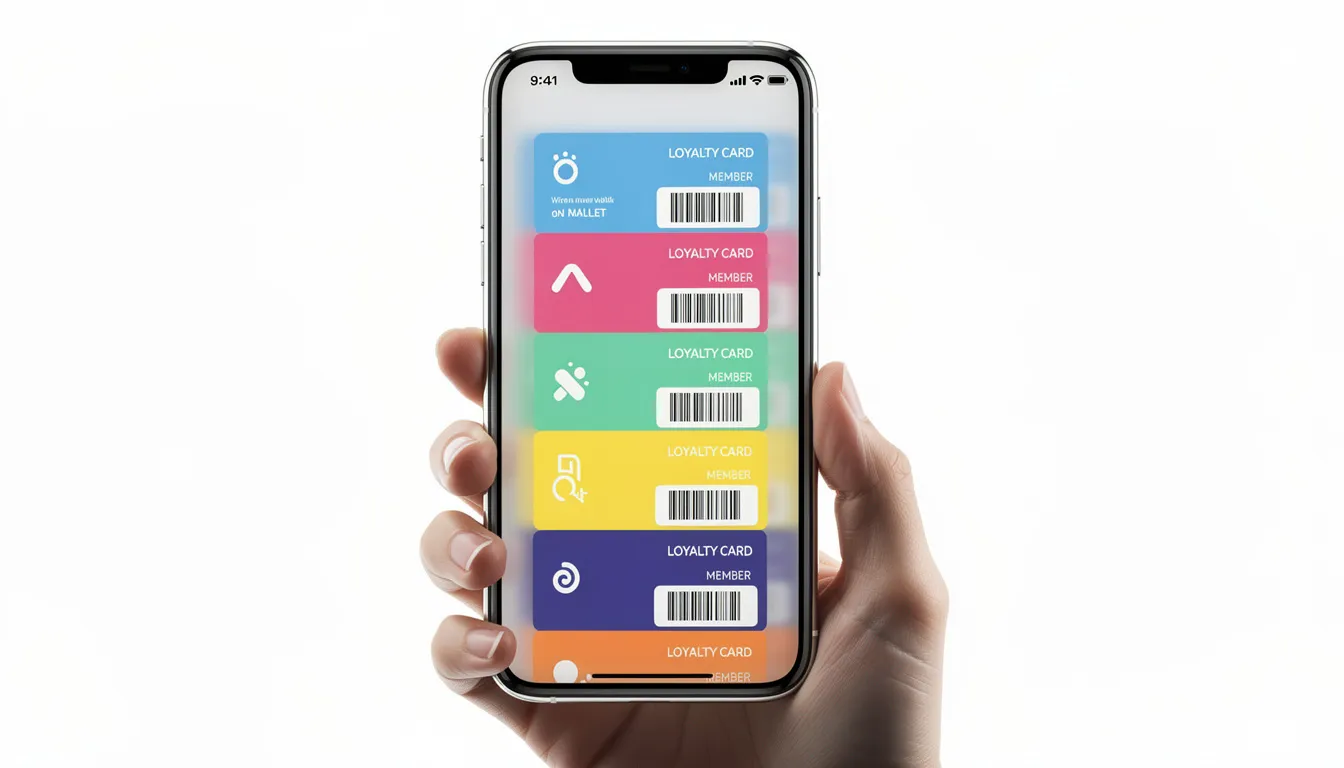 The image features a smartphone screen displaying a vibrant array of digital loyalty cards, showcasing various customer rewards and engagement options. These digital loyalty cards are part of a customer loyalty program designed to boost repeat sales and enhance customer retention for small businesses.