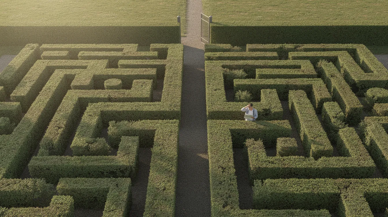 Une vue aérienne d'un labyrinthe complexe montre une personne en train de chercher la sortie, symbolisant le processus de prise de décision dans un environnement de travail. Cette image illustre les défis auxquels tout le monde fait face lorsqu'il s'agit de prendre des décisions éclairées et de naviguer à travers des choix difficiles.