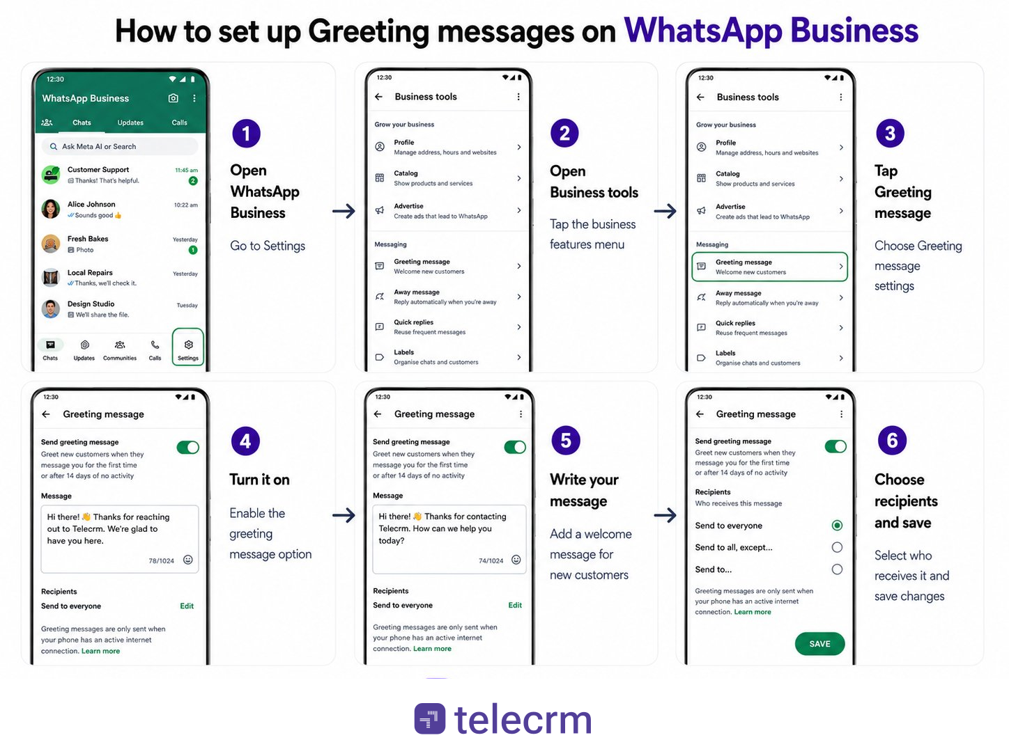 WhatsApp Auto Reply Message Guide With Templates in 2026 1 Step by step process of setting up greeting messages - a telecrm guide
