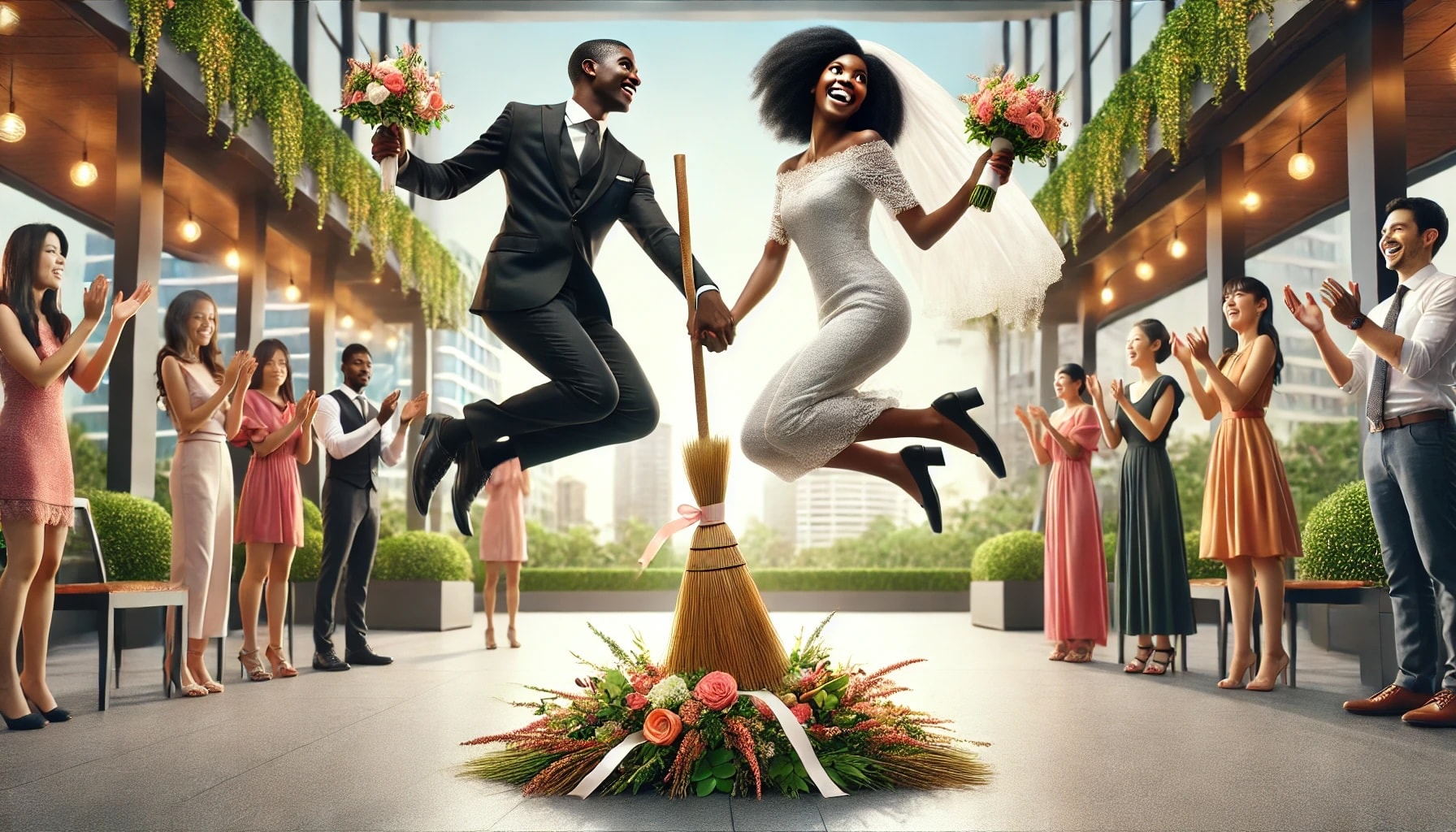 A couple joyfully jumping the broom