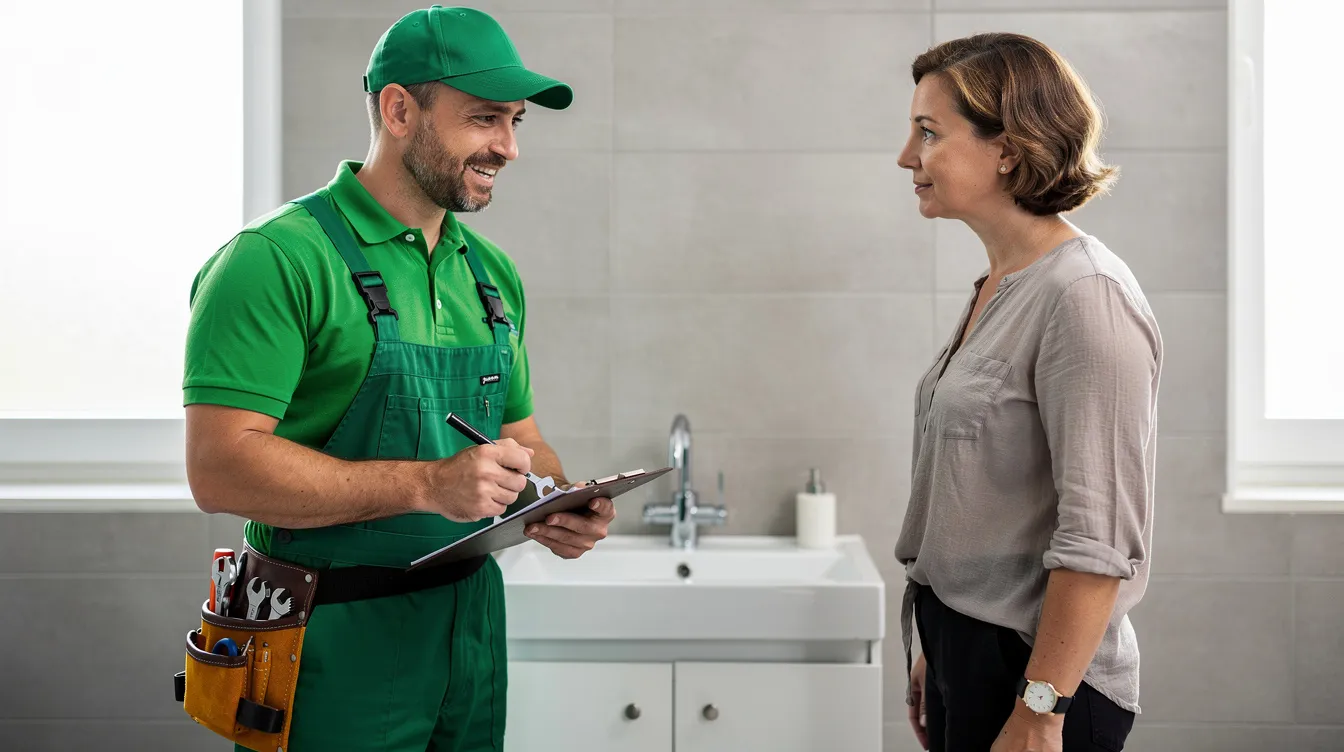A plumber in a green uniform is discussing plumbing issues with a customer in a residential setting, focusing on solutions for clogged drains and the importance of regular drain cleaning to prevent future blockages. The scene highlights the professional relationship between the local plumber and the homeowner as they address drain problems in the plumbing system.