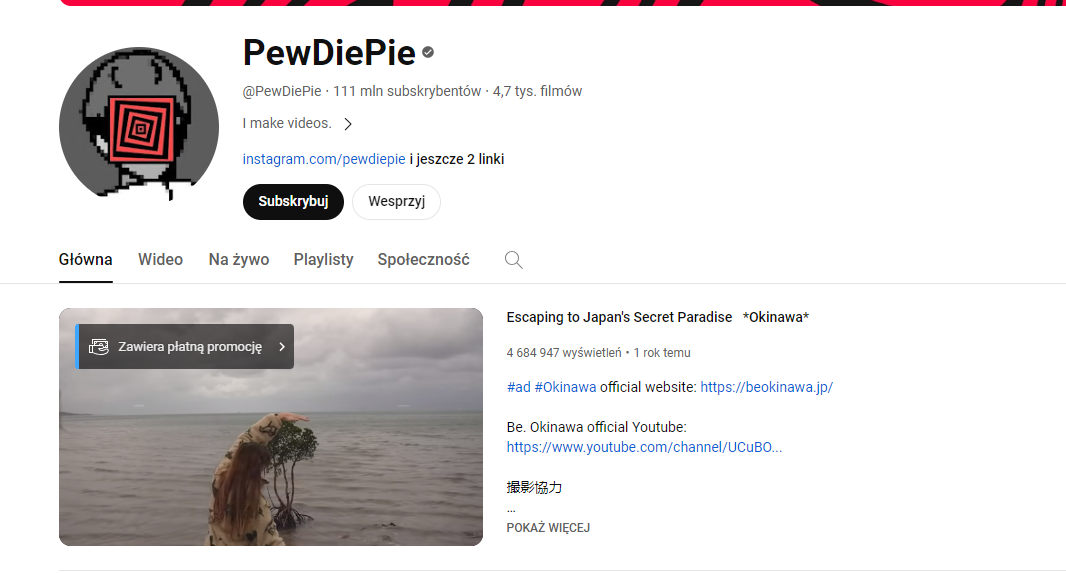 Kanał na YouTube PewDiePie.