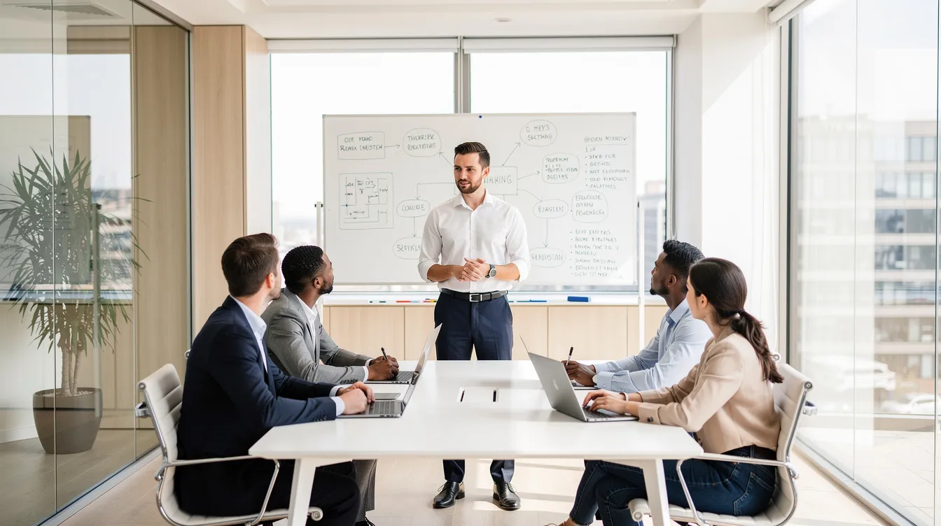 Un manager se tient devant une petite équipe dans une salle de réunion moderne et lumineuse, avec un tableau blanc derrière lui. Cette scène illustre l'importance de la gestion du changement et des stratégies de transformation au sein d'une entreprise pour assurer la réussite et l'adaptation aux évolutions du marché.