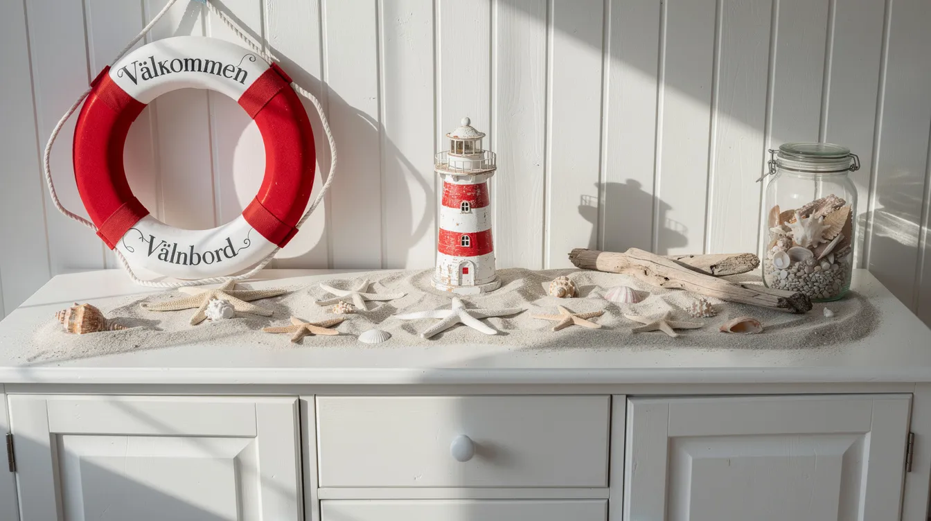 En maritim sommardekor med ett fyrtorn, en livboj och snäckor pryder ett vitmålat sideboard, vilket skapar en fräsch och inspirerande inredning för hemmet. Dekorationerna i ljusa färger ger en personlig touch och visar på en snygg stil som passar perfekt i olika rum.