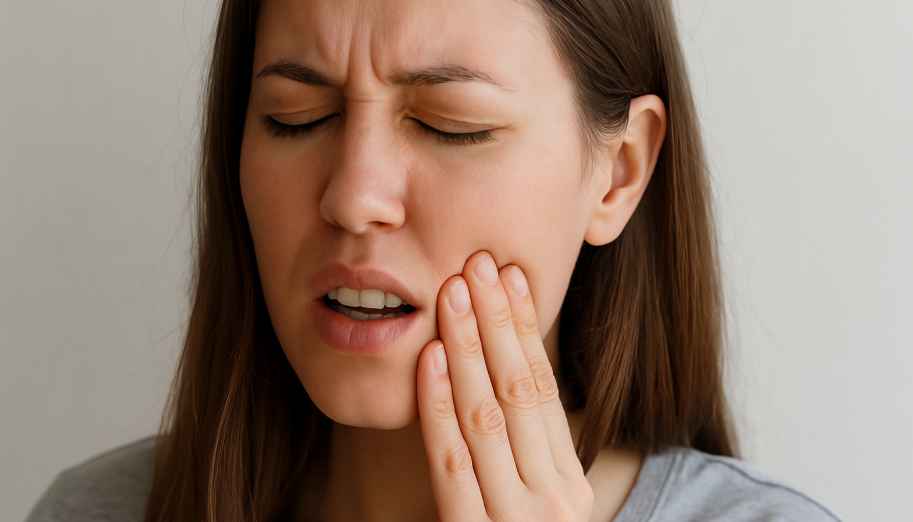 Kul i tannkjøttet – Bør du bekymre deg? Dette må du vite 15 Kvinne med lukkede øyne holder hånden mot kinnet og viser tydelig ubehag, som indikerer smerter i tannkjøttet.