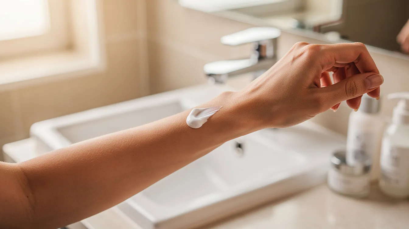 A person is applying moisturizer to their upper arm in a bright, airy bathroom, highlighting their focus on skin care and maintaining a healthy lifestyle. The setting suggests a routine that may be important for those considering procedures like arm lift surgery to tighten loose skin after significant weight loss.