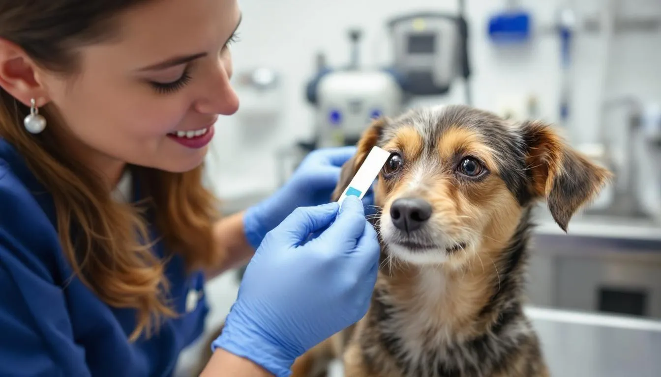 A veterinary technician is conducting a Schirmer tear test on a small terrier mix to assess tear production in the dog