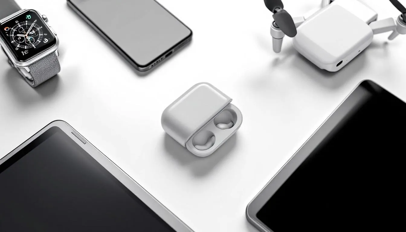 Na białym tle znajdują się nowoczesne gadżety technologiczne, takie jak słuchawki bezprzewodowe, kubek termiczny oraz skórzany portfel, które mogą być idealnym prezentem dla mężczyzny na urodziny. Te eleganckie i praktyczne prezenty z pewnością sprawią radość każdemu miłośnikowi nowinek technologicznych.